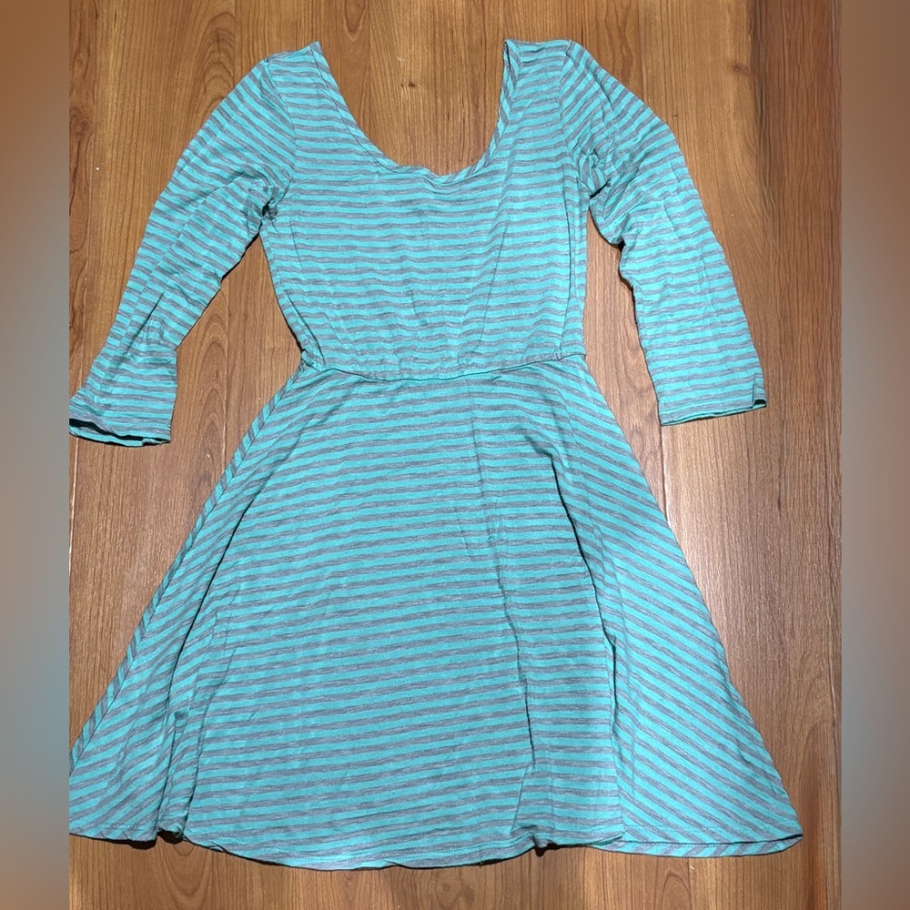 dELiA*s Mint and Light Gray Striped Long Sleeve Fit-&-Flare Dress